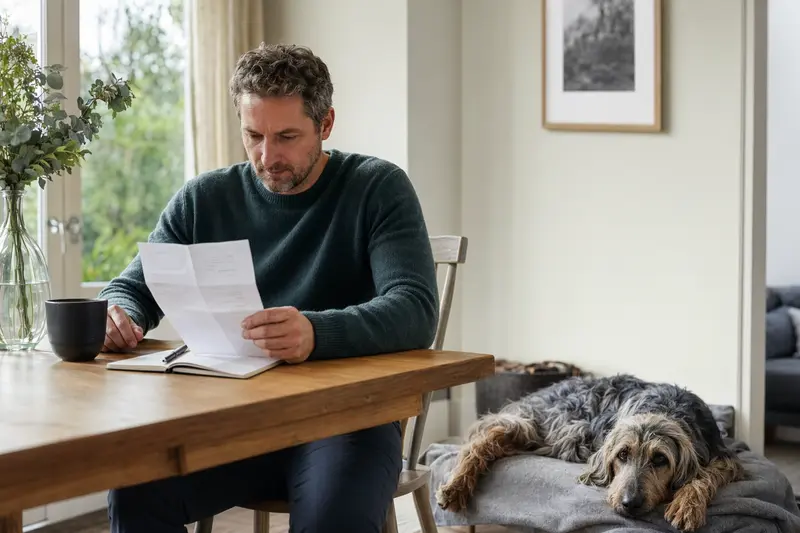 Besitzer sitzt mit Tierarztrechnung am Tisch, während ein entspannter Grand Griffon Nivernais auf einer Decke daneben liegt – ein realistisches Bild zum Thema Tierarztkosten und Hundekrankenversicherung.