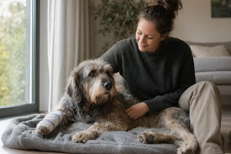 Ein entspannter Grand Griffon Nivernais mit Verband an der Pfote liegt neben seinem erleichterten Besitzer.