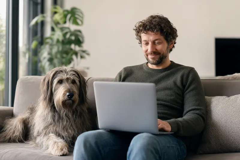 Ein Hund des Grand Griffon Nivernais sitzt neben einem Laptopbesitzer auf dem Sofa, während sie eine Versicherungsvergleichsseite betrachten.