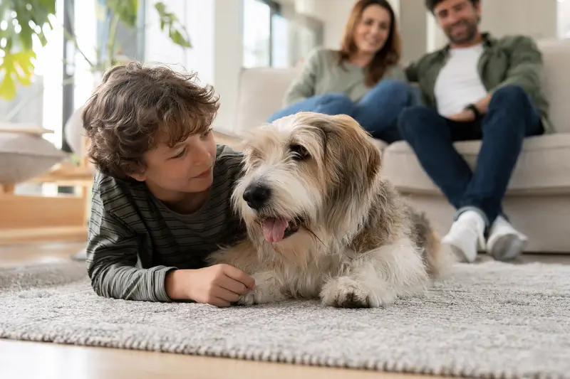 Ein freundlicher Grand Griffon Vendéen liegt entspannt neben einem Kind im hellen Wohnzimmer, während die Eltern im Hintergrund zu sehen sind.