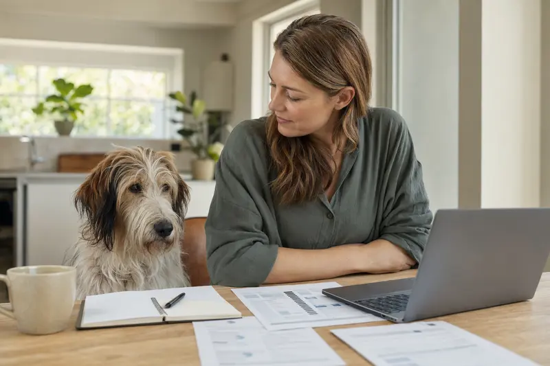 Ein Grand Griffon Vendeen Hund sitzt ruhig am Küchentisch neben seinem Besitzer, der Versicherungsunterlagen und einen Laptop mit Vergleichsseite betrachtet.