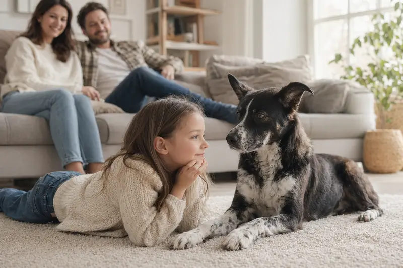Ein freundlicher Great Japanese Dog liegt entspannt neben einem Kind im hellen Wohnzimmer einer Familie.