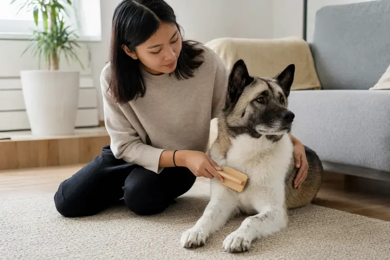 Ein Great Japanese Dog wird in einer hellen Wohnung von seinem Besitzer sanft gebürstet, was liebevolle Fellpflege und verantwortungsvolle Hundeauswahl zeigt.