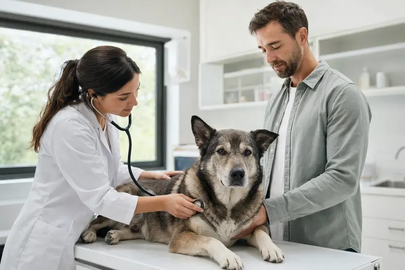 Ein ruhiger Great Japanese Dog Hund wird von einer freundlichen Tierärztin in einer modernen Praxis mit einem Stethoskop untersucht.