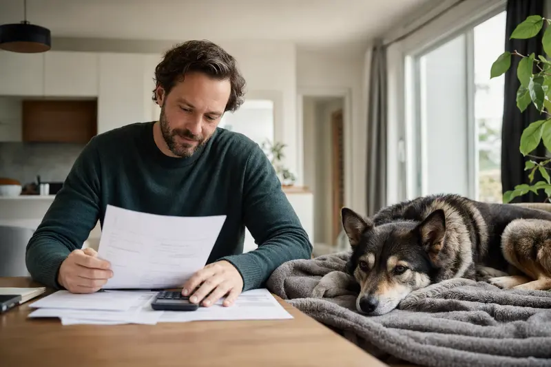 Ein Hundebesitzer sitzt mit einer Tierarztrechnung am Tisch, während ein entspannter Great Japanese Dog auf einer Decke daneben liegt und das Thema Tierarztkosten für die Hundekrankenversicherung ruhig veranschaulicht.