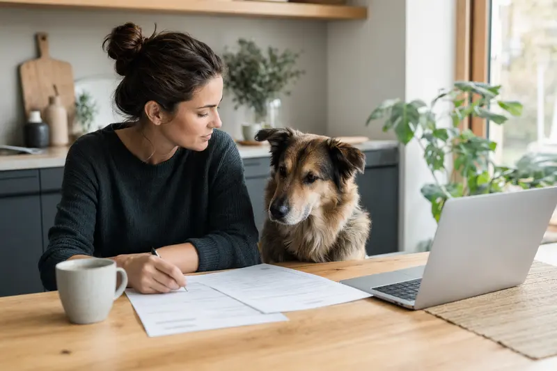 Ein Great Japanese Dog sitzt entspannt neben seinem Besitzer am Küchentisch, während sie Versicherungsunterlagen und einen Laptop mit Vergleichsseite betrachten.