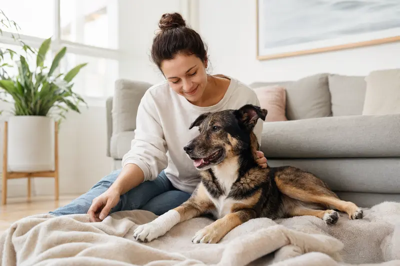 Ein entspannter Japanischer Hund mit einem leichten Verband an der Pfote liegt auf einer Decke, während sein Besitzer beruhigt daneben sitzt.