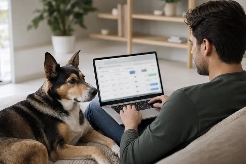 Ein Hundebesitzer sitzt mit Laptop auf dem Sofa, während ein Great Japanese Dog daneben liegt und eine Versicherungsvergleichs-Oberfläche auf dem Bildschirm zu sehen ist.