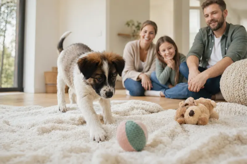 Ein neugieriger Great Japanese Dog Welpe erkundet seinen neuen Lebensraum mit einer liebevollen Familie im Hintergrund.