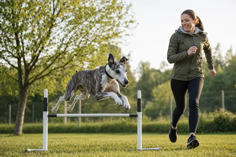 Ein aktiver Greyhound trainiert mit seinem Besitzer auf einem Hundeplatz über eine kleine Hürde.