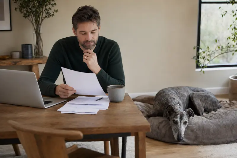 Ein Hundebesitzer sitzt mit einer Tierarztrechnung am Tisch, während ein entspannter Greyhound auf einer Decke in einer hellen Wohnung liegt, als ruhige Szene zur Hundekrankenversicherung.