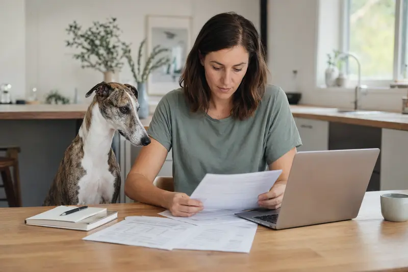 Ein Greyhound sitzt entspannt neben seinem Besitzer am Küchentisch mit Versicherungsunterlagen und einem Laptop.