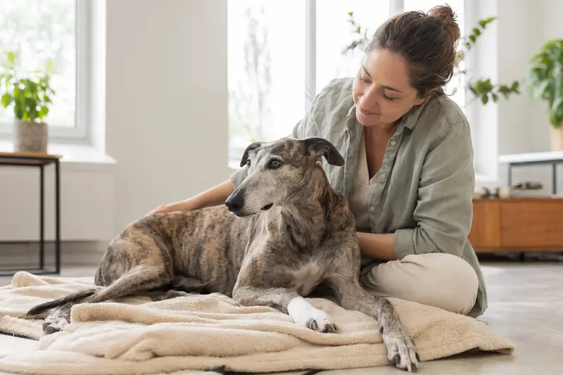 Ein Greyhound liegt mit leichtem Verband an der Pfote entspannt auf einer Decke, während sein Besitzer erleichtert neben ihm sitzt.