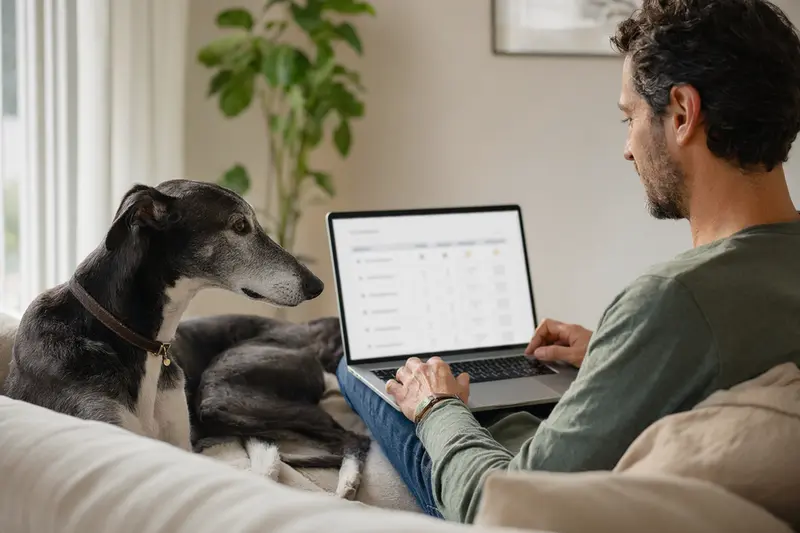 Ein Greyhound Hund sitzt neben einem Besitzer, der an seinem Laptop auf dem Sofa arbeitet und Informationen zu Tierkrankenversicherungen sucht.