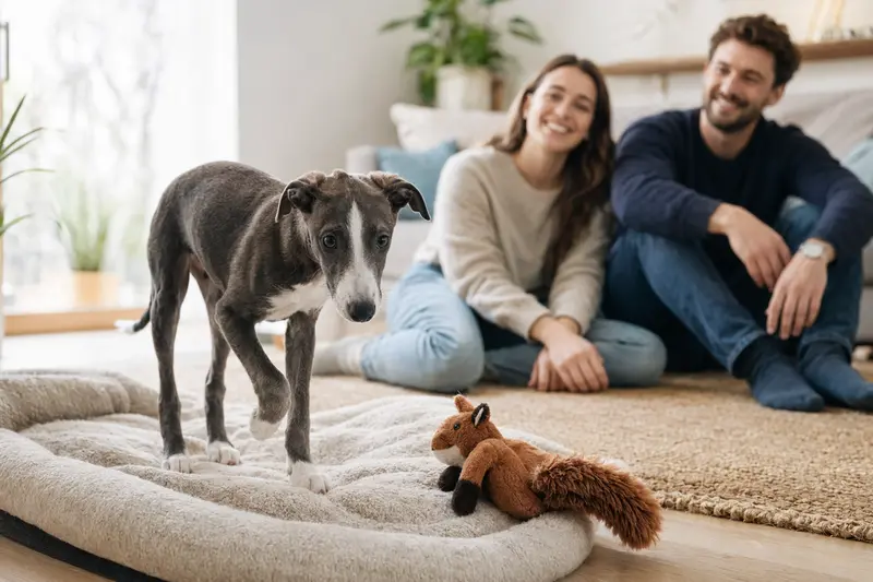 Ein neugieriger Greyhound Welpe erkundet sein neues Zuhause mit einer weichen Decke und Spielzeug.