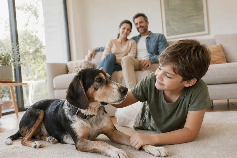 Griechische Bracke liegt entspannt neben einem Kind im Wohnzimmer, während die Eltern im Hintergrund eine warme Familienatmosphäre schaffen.