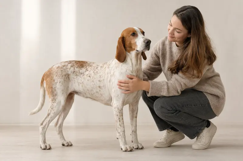Aufmerksame Griechische Bracke in natürlicher Haltung vor hellem Hintergrund als realistisches Hundeportrait.