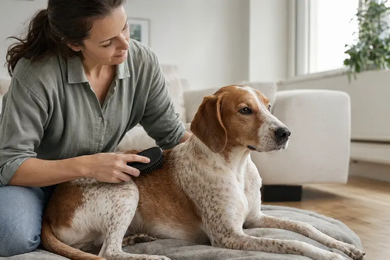 Ein Griechische Bracke Hund wird in einer hellen Wohnung sanft gebürstet, während der Besitzer sich liebevoll um die Fellpflege kümmert.