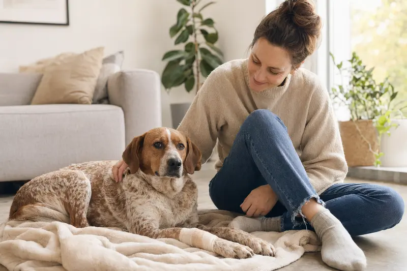Ein griechische Bracke Hund mit Verband liegt auf einer Decke, während sein Besitzer sorgenvoll daneben sitzt.