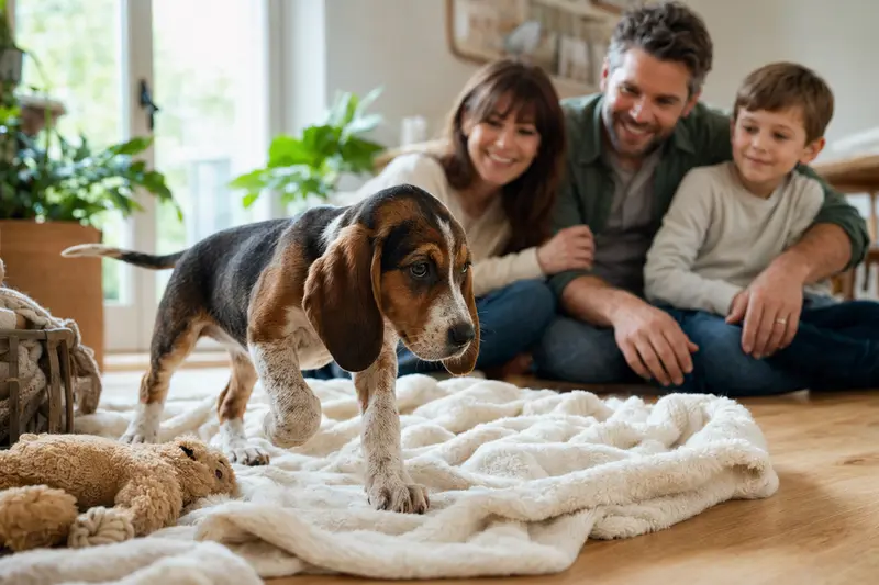 Ein junger Griechische Bracke Welpe erkundet neugierig seine weiche Decke und das Spielzeug in einer hellen Wohnung, während eine liebevolle Familie im Hintergrund zu sehen ist.