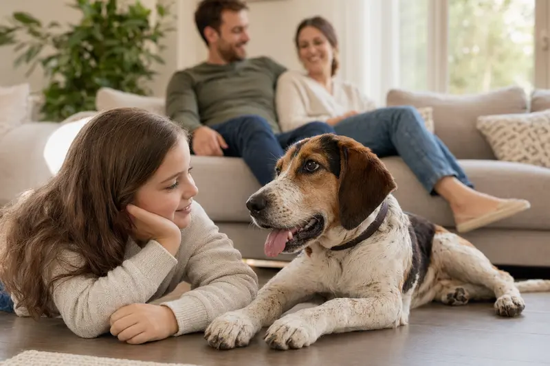 Ein Griechischer Laufhund liegt entspannt neben einem Kind im hellen Wohnzimmer einer Familie.