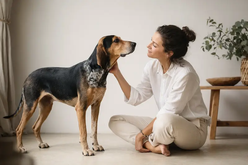 Griechischer Laufhund in aufmerksamer Haltung vor hellem neutralem Hintergrund, als realistisches Tierporträt mit feinen Felldetails.