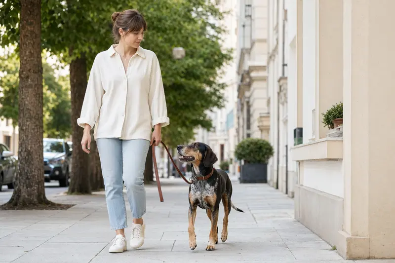 Ein Griechischer Laufhund läuft an der Leine mit seinem Besitzer durch eine freundliche moderne Stadtstraße.