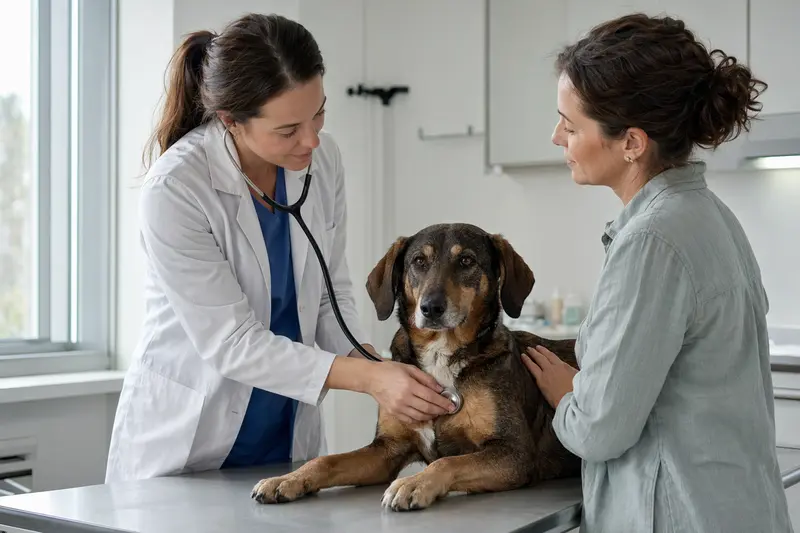 Ein ruhiger Griechischer Laufhund wird von einer Tierärztin mit einem Stethoskop in einer modernen Praxis untersucht, während sein Besitzer beruhigend daneben steht.