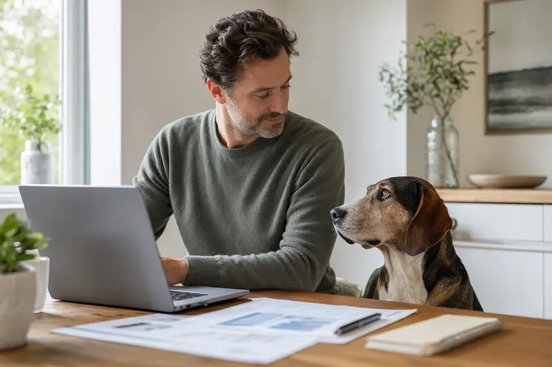 Ein ruhiger Griechischer Laufhund sitzt neben seinem Besitzer am Küchentisch mit Versicherungsunterlagen und einem Laptop.