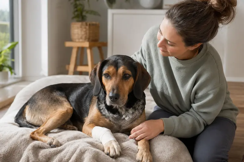 Ein entspannter Griechischer Laufhund mit leichtem Verband liegt auf einer Decke, während sein erleichterter Besitzer neben ihm sitzt.