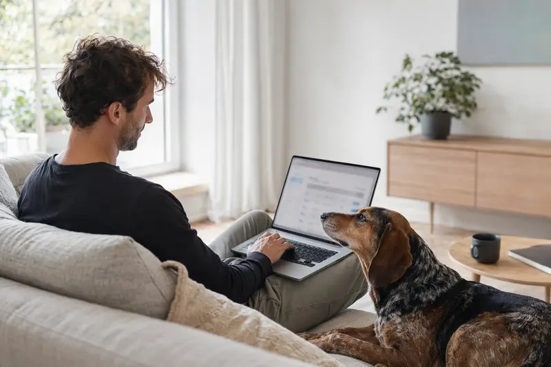 Ein Besitzer mit Laptop auf dem Sofa, neben ihm ein Griechischer Laufhund, während er eine Versicherungsvergleichs-Oberfläche betrachtet.