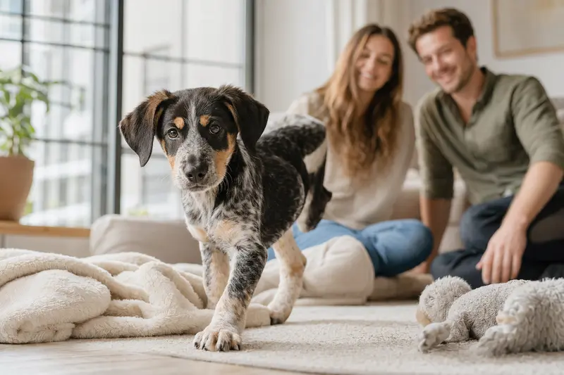 Ein neugieriger Griechischer Laufhund Welpe erforscht sein neues Zuhause mit liebevoller Familie im Hintergrund.