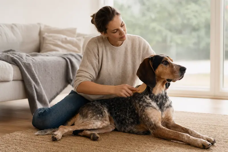 Ein Griechischer Spürhund wird zuhause von seinem Besitzer sanft gebürstet, während die Fellpflege in einer hellen Wohnung ruhig und fürsorglich wirkt.