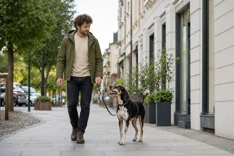 Ein Griechischer Spürhund läuft an der Leine mit seinem Besitzer durch eine moderne Stadtstraße.