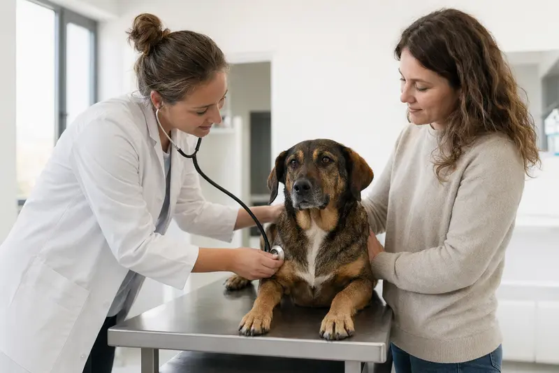 Ein ruhiger Griechischer Spürhund wird von einer freundlichen Tierärztin auf einem Untersuchungstisch untersucht.