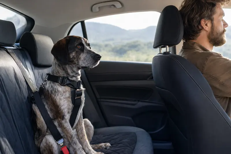 Ein sicher angeschnallter griechischer Spürhund auf der Rückbank eines Autos, während der Besitzer fährt.