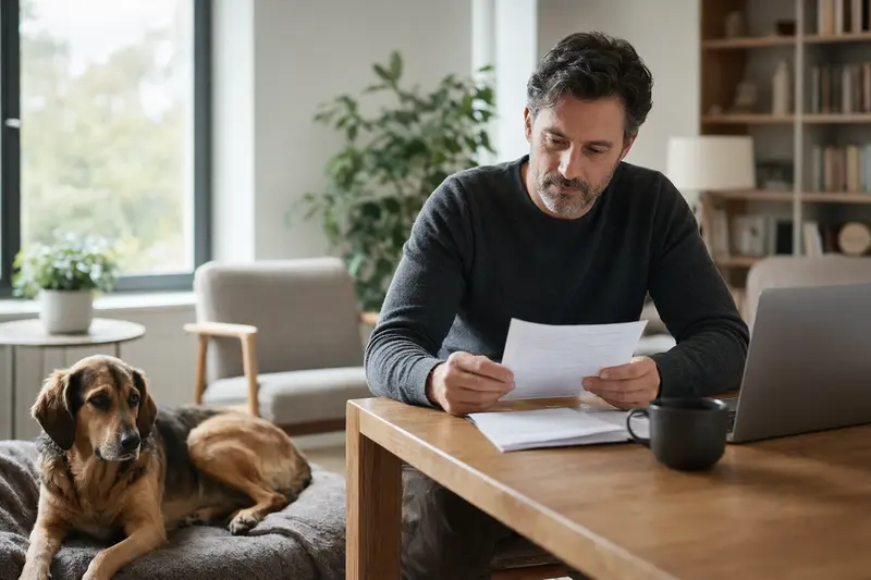 Ein Hundebesitzer sitzt mit einer Tierarztrechnung am Tisch, während ein entspannter Griechischer Spürhund ruhig auf einer Decke liegt.