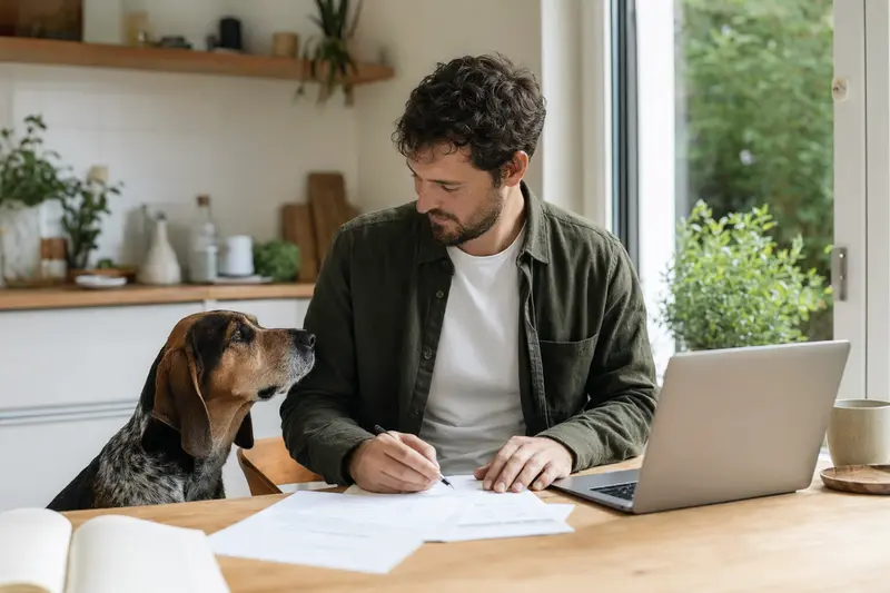 Ein griechischer Spürhund sitzt entspannt neben seinem Besitzer am Küchentisch, während Versicherungsunterlagen und ein Laptop auf dem Tisch liegen.