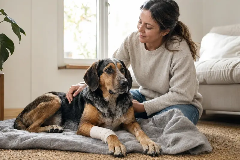 Ein Griechischer Spürhund mit leichtem Verband an der Pfote liegt entspannt neben seinem erleichterten Besitzer in einer hellen Wohnung.