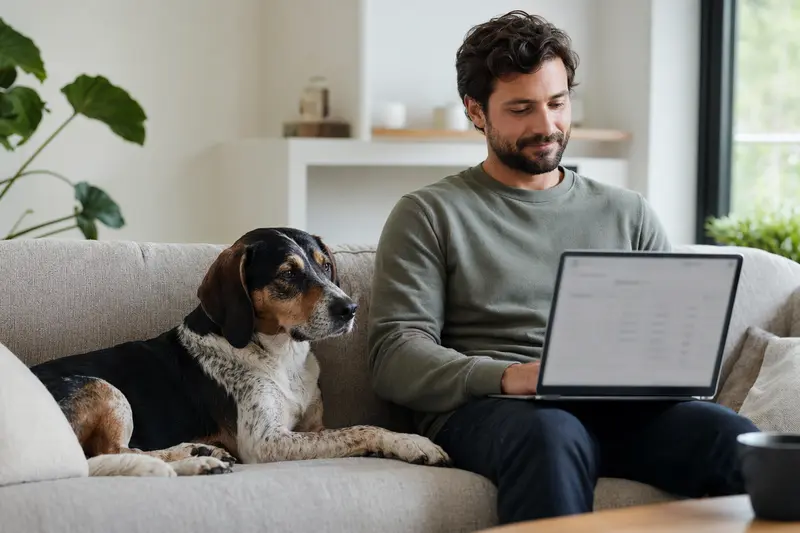Ein Hundehalter sitzt entspannt auf dem Sofa mit einem Griechischen Spürhund, während er auf seinem Laptop einen Versicherungsvergleich für Haustiere betrachtet.
