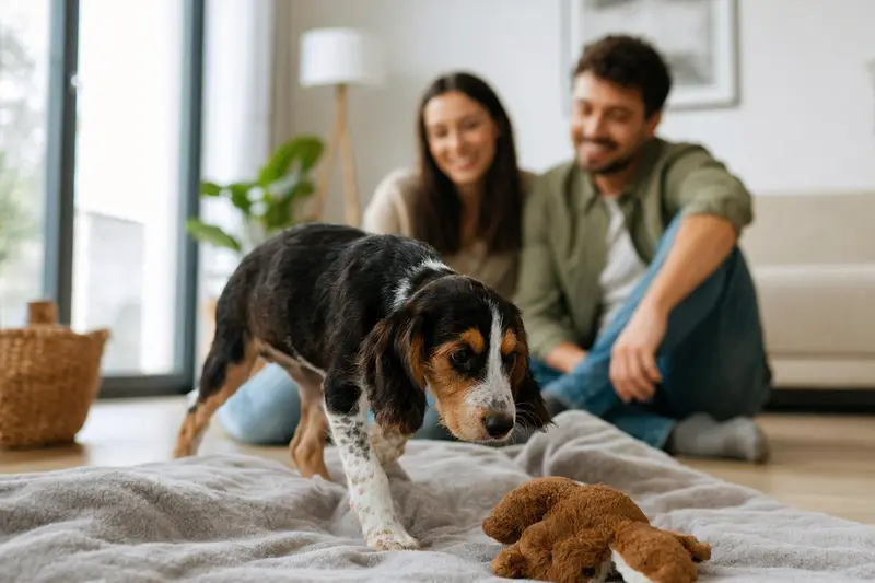 Ein neugieriger griechischer Spürhundwelpe entdeckt sein neues Zuhause mit liebevoller Familie im Hintergrund.