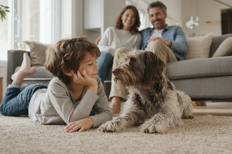 Ein Griffon a Poil Dur liegt entspannt neben einem Kind im hellen Wohnzimmer und vermittelt eine vertrauensvolle Familienatmosphäre mit Hund.