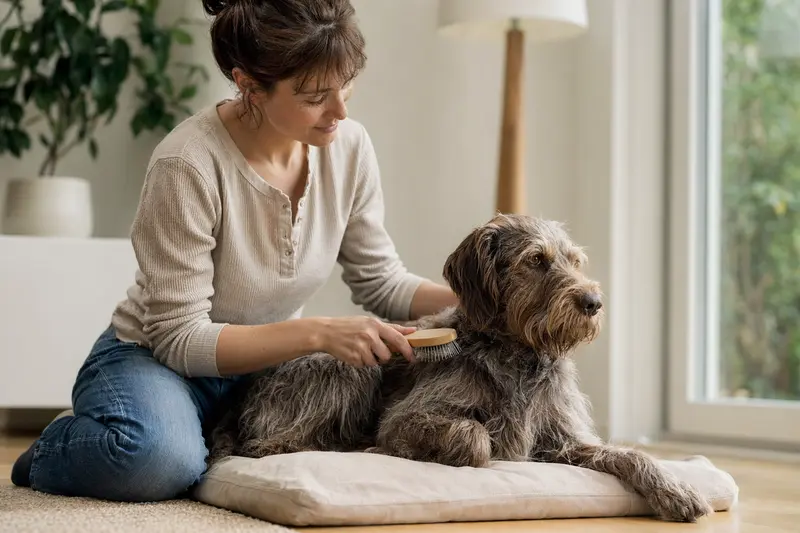 Ein Griffon a Poil Dur wird in einer hellen Wohnung sanft von seinem Besitzer gebürstet, was die liebevolle Fellpflege und verantwortungsvolle Hundegesundheit zeigt.