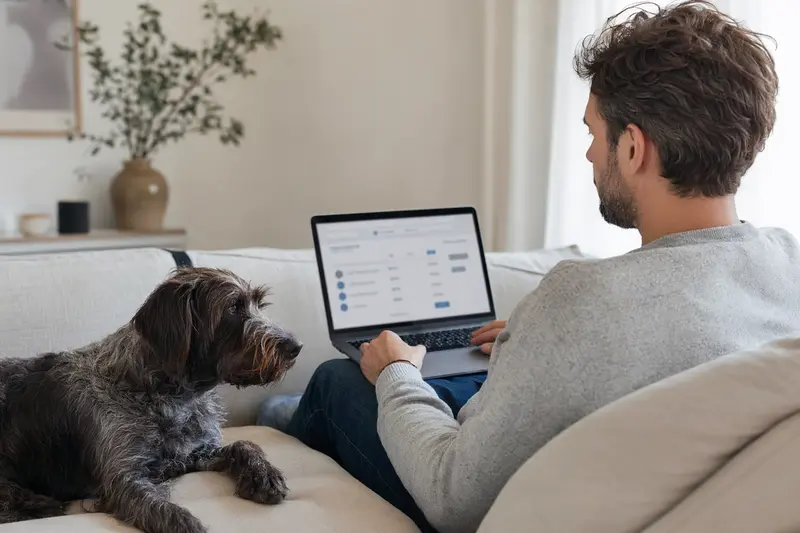 Ein Hundebesitzer mit einem Griffon a Poil Dur sitzt entspannt auf dem Sofa und vergleicht tiermedizinische Versicherungen auf seinem Laptop.