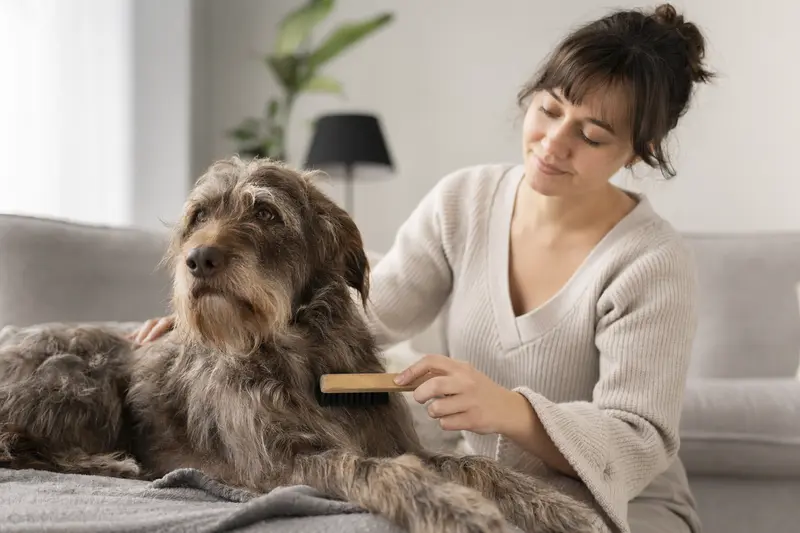 Ein Griffon à poil laineux wird zuhause liebevoll gebürstet, während sein Besitzer die Fellpflege ruhig und sorgfältig übernimmt.