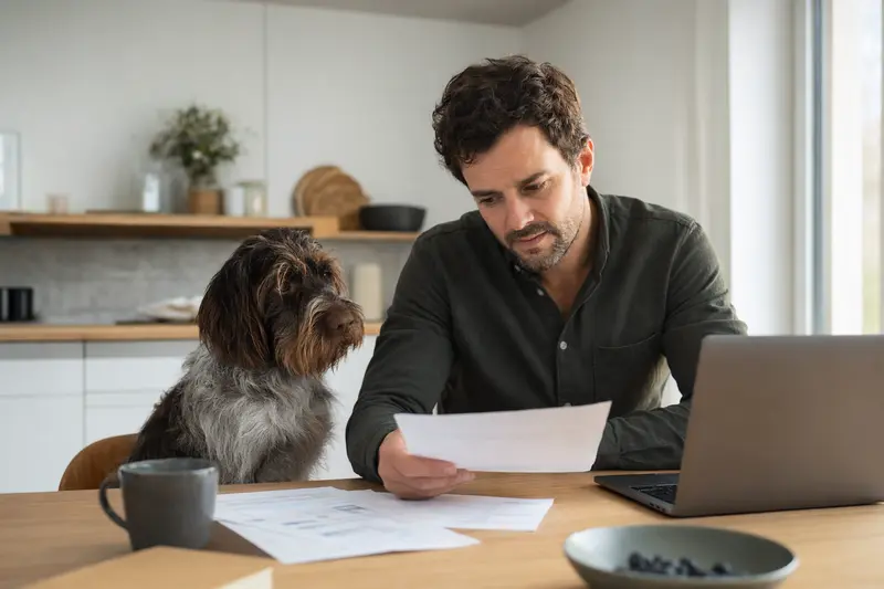 Ein Griffon a poil laineux Hund sitzt neben seinem Besitzer am Tisch mit Versicherungsunterlagen und einem Laptop.