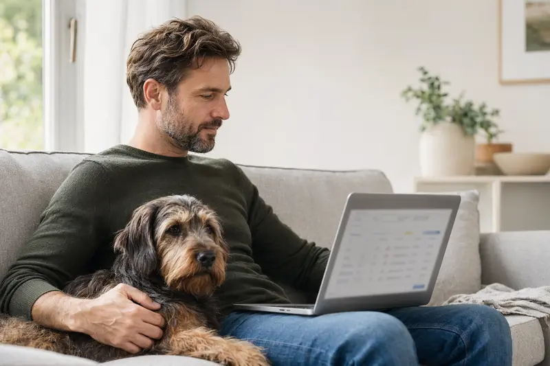 Ein Besitzer sitzt entspannt mit einem Laptop auf dem Sofa neben seinem Griffon a poil laineux Hund, während die Bildschirmoberfläche einen Versicherungsvergleich zeigt.