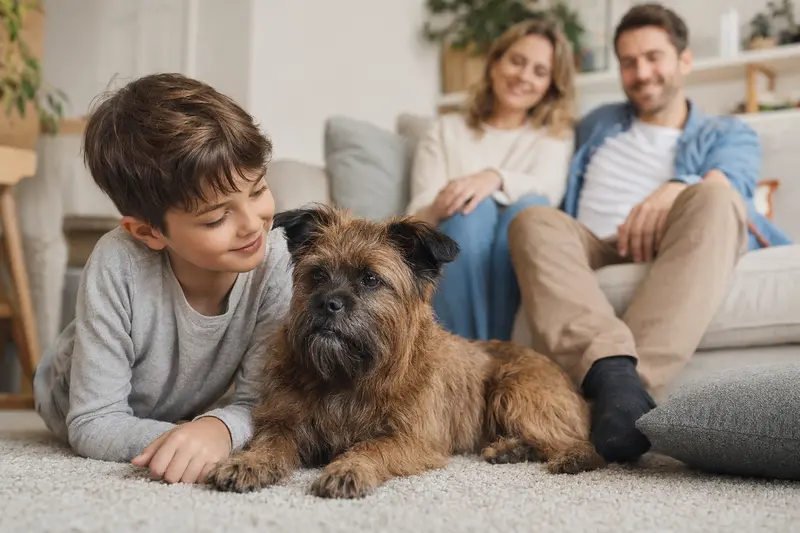 Ein Griffon Belge liegt entspannt neben einem Kind im Wohnzimmer, während die Eltern im Hintergrund eine sichere Familienatmosphäre schaffen.