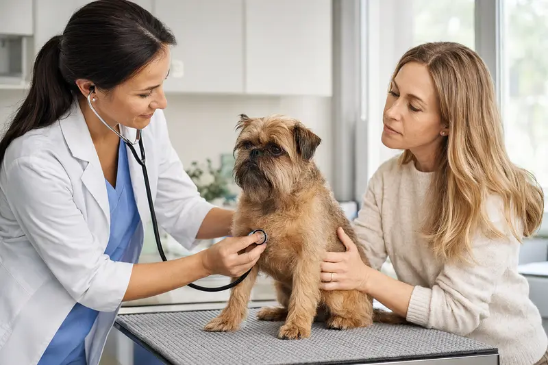 Ein Griffon Belge Hund wird in einer modernen Tierarztpraxis behutsam von einer freundlichen Tierärztin mit einem Stethoskop untersucht.