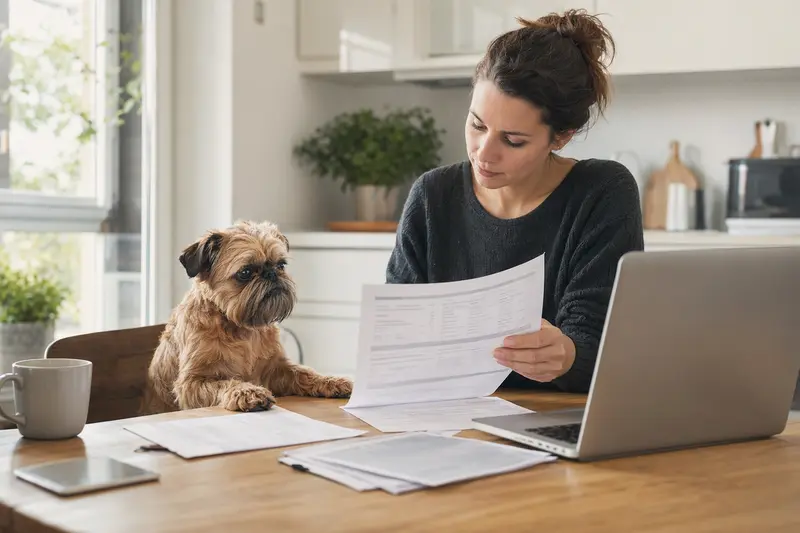 Ein Griffon Belge Hund sitzt entspannt neben seinem Besitzer am Küchentisch, auf dem Versicherungsunterlagen und ein Laptop liegen.